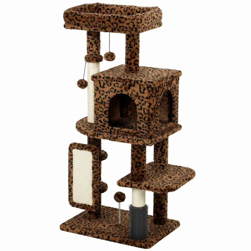 PawHut 41 Inch Cat Tree with Scratching Posts, Cat Bed, Condo, Jumping Platforms, Toy Balls, Leopard Print