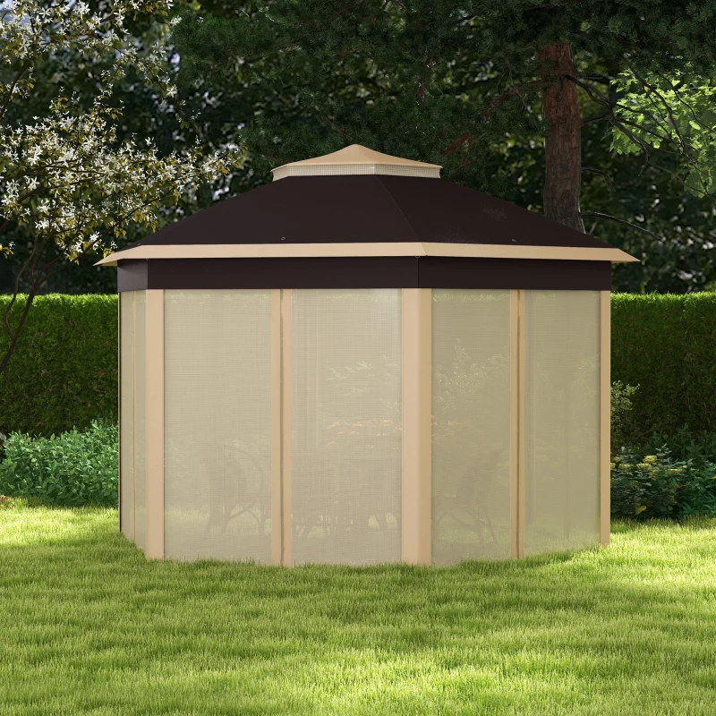 Outsunny 13' x 13' Pop Up Gazebo Hexagonal Canopy Shelter with 6 Zippered Mesh Netting for Patio, Backyard, Garden, Wedding, Party, Beige