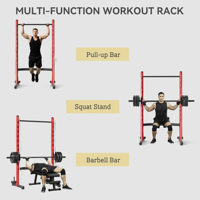 Soozier Squat Rack with Pull Up Bar and Barbell Bar Adjustable Bench Press Multi-Function Weight Lifting Half Rack Red