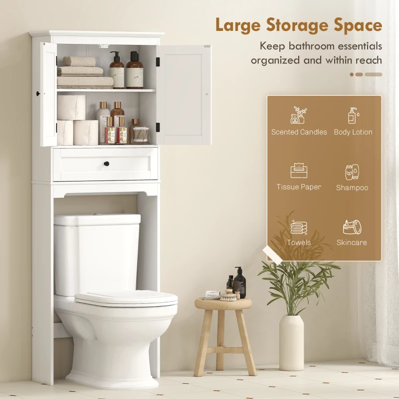 HOMCOM Over The Toilet Storage, Modern Bathroom Cabinet Over Toilet with Drawer, Cabinet and Adjustable Shelf, White