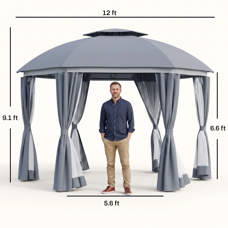 Outsunny 12' x 12' Round Outdoor Gazebo, Patio Dome Gazebo Canopy Shelter with Double Roof, Netting Sidewalls and Curtains, Zippered Doors, Strong Steel Frame, Grey