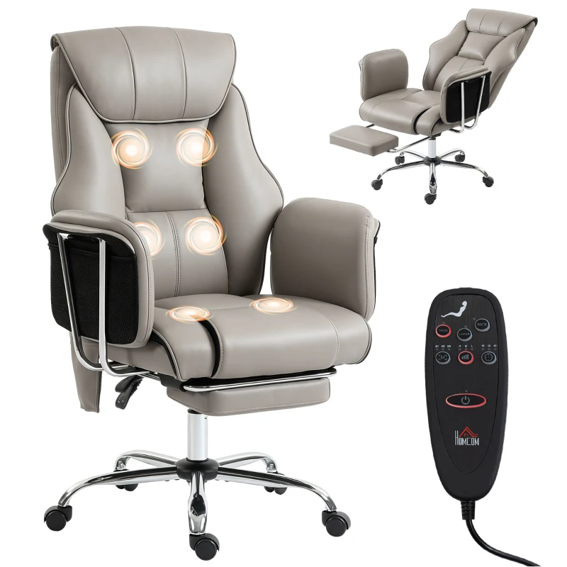 HOMCOM Massage Office Chair with 6 Points Vibration, Executive Desk Chair with High Back, PU Leather, Footrest, Gray