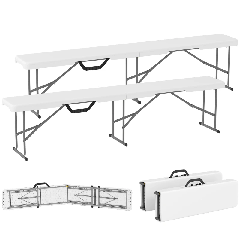 Outsunny 2 Pack 6 ft Portable Foldable Bench Seats, Plastic Folding Benches with Carrying Handle for Camping, White