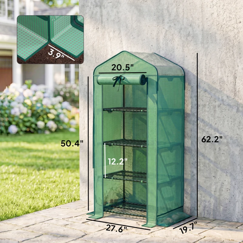 Outsunny Mini Greenhouse with Screen Roof, 4 Tier Portable Small Greenhouse with High Strength PE Cover, Green
