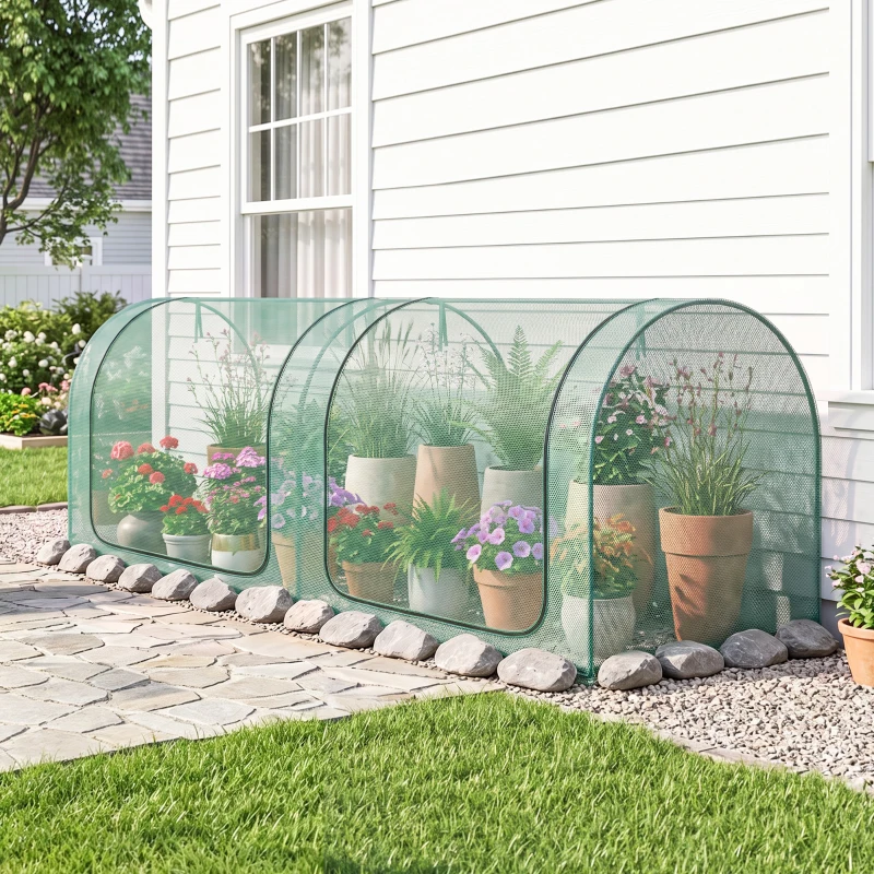 Outsunny 8' x 3' Crop Cage, Garden Plant Protector, with 3 Zippered Doors and 6 Ground Stakes, for Garden, Yard, Lawn Dark Green