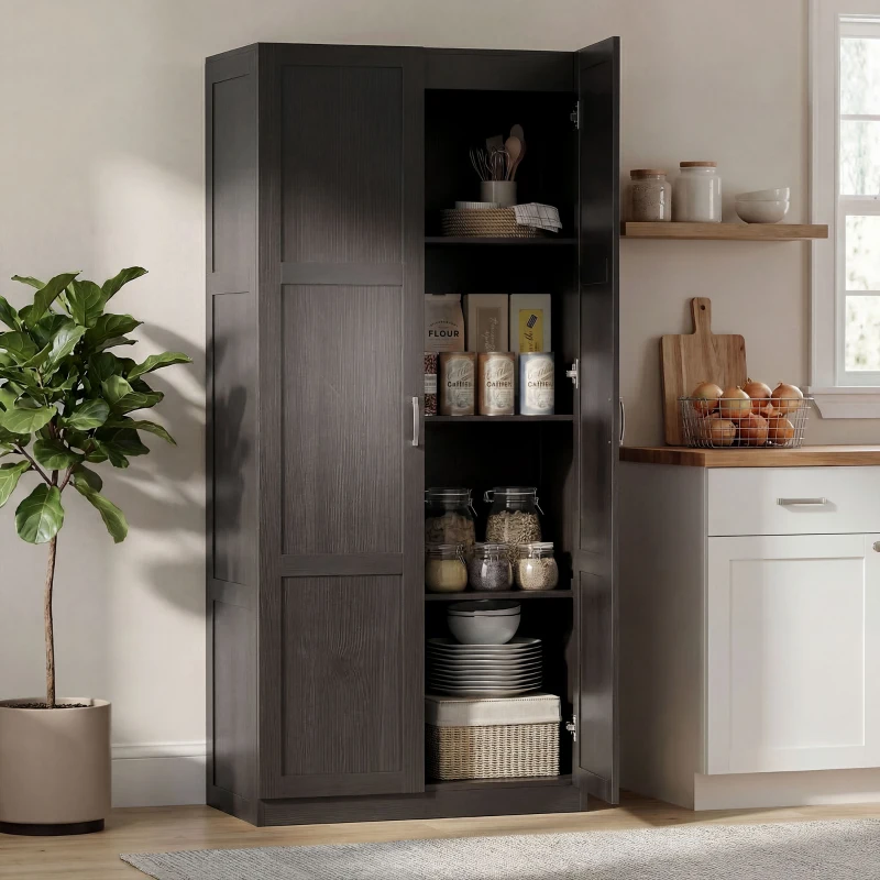 HOMCOM Farmhouse Pantry Cabinet, 71" Tall Kitchen Pantry Storage Cabinet with Soft-Close Hinges, Adjustable Shelves, Espresso