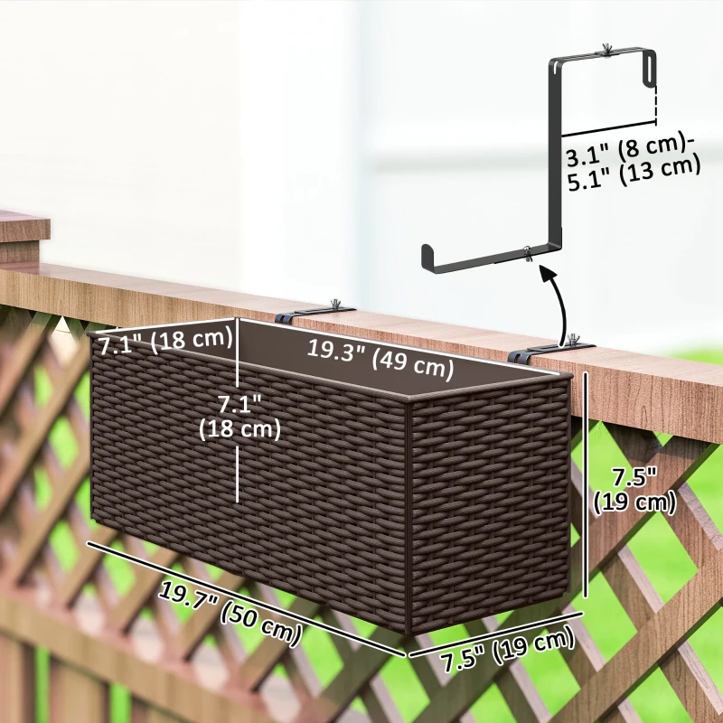 Outsunny 2 Pack 20 Inch Hanging Flower Pots, Railing Planter Box for Fence, Garden, Rattan Look, Brown
