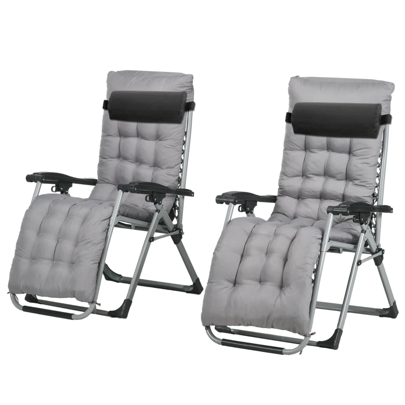 Outsunny Folding Garden Chairs Set of 2, Reclining Zero Gravity Chair, Sun Lounger with Cushion and Headrest, Dark Grey