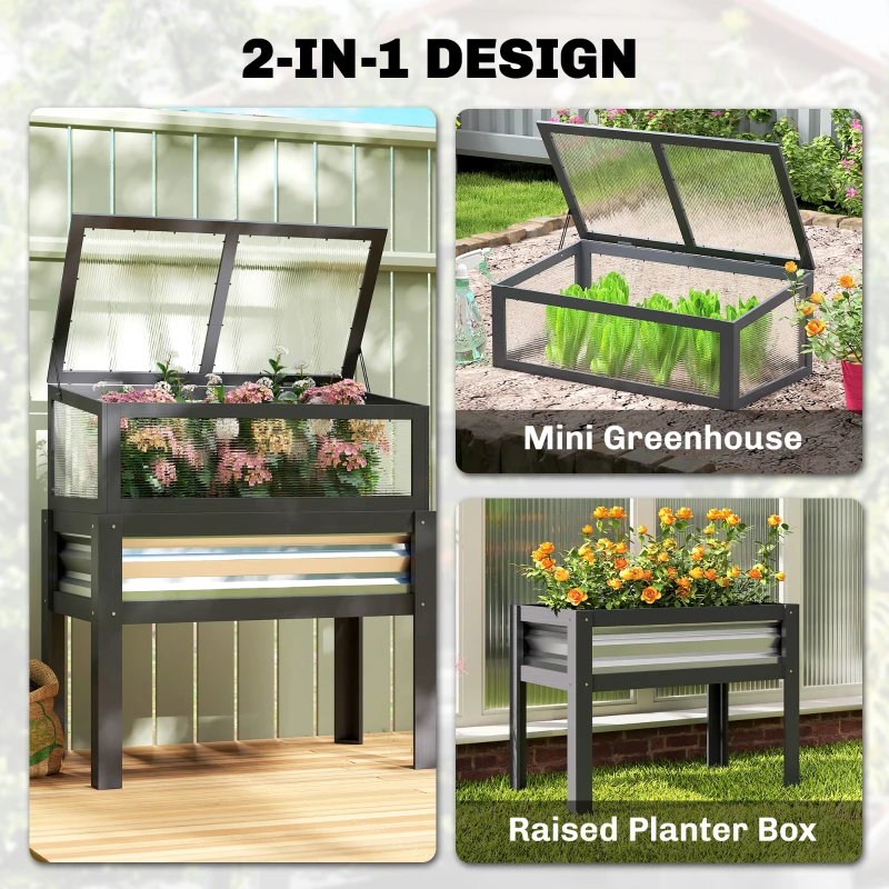 Outsunny Raised Garden Bed with Flip-Up Greenhouse Top, Wooden Elevated Planter Box with Legs and Liner, Grey