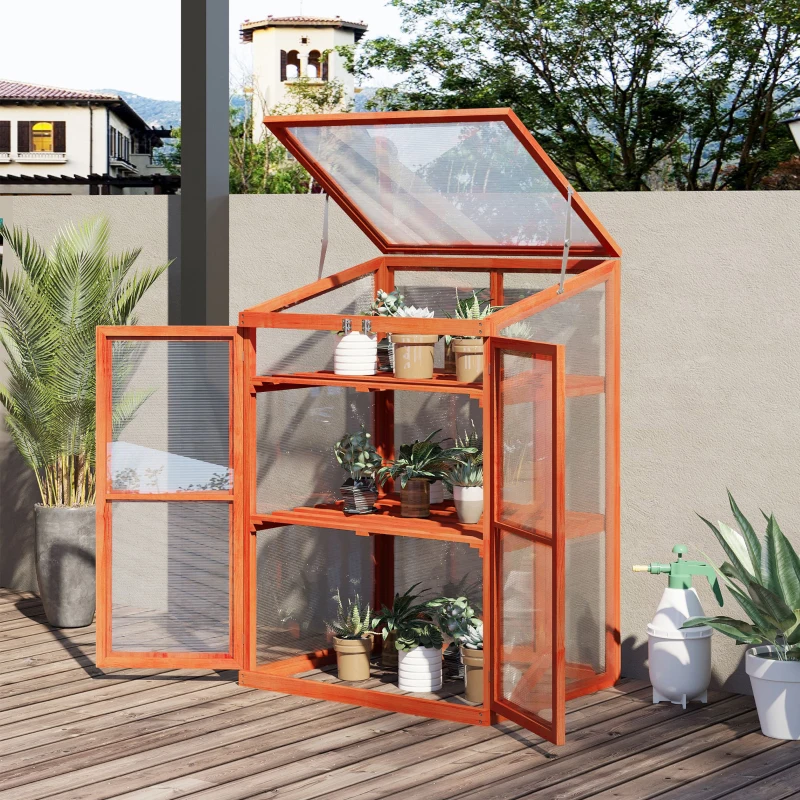 Outsunny Wooden Cold Frame Greenhouse Small Mini Planter Box, 30" L x 24" W x 44" H, Golden Red Finish