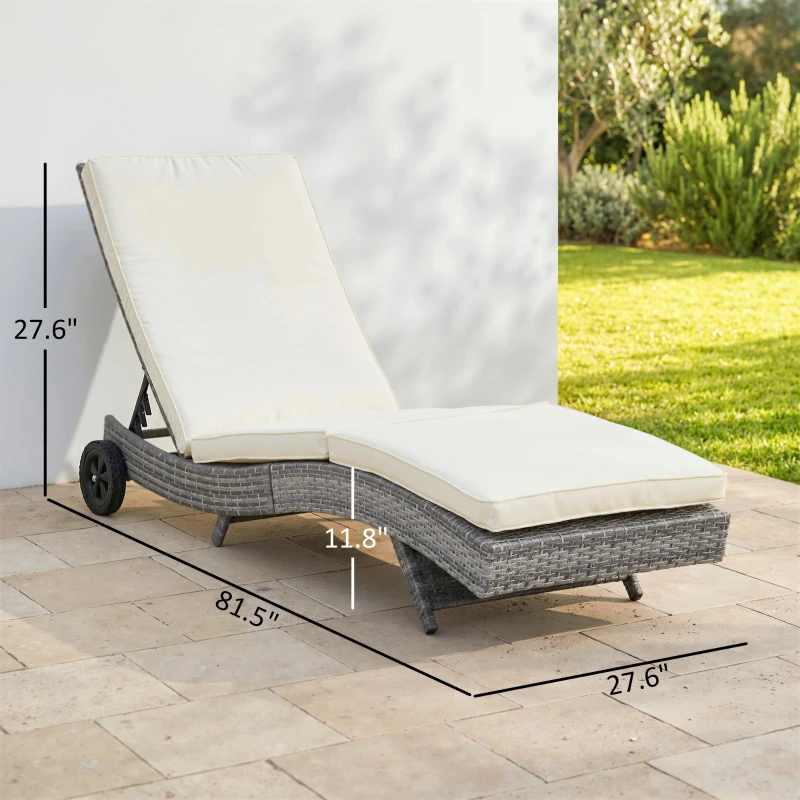 Outsunny Wicker Chaise Lounge Chair Outdoor PE Rattan Cushioned Patio Sun Lounger with 5-Level Adjustable Backrest & Wheels for Easy Movement, Cream White