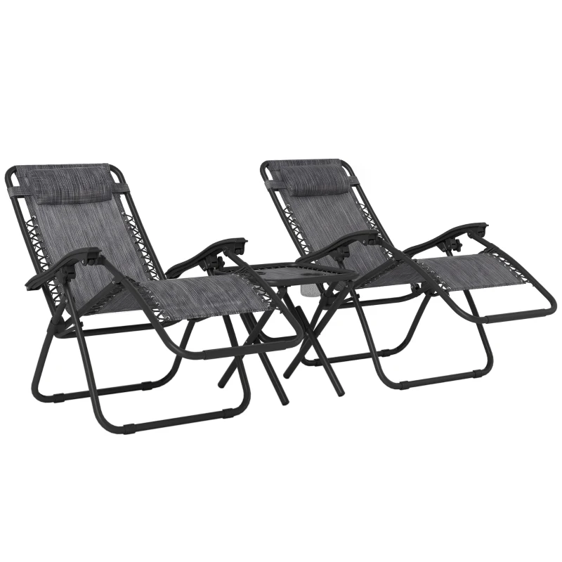 Outsunny Zero Gravity Chair Set of 2 Patio Chair with Side Table Cupholders and Pillows for Pool, Backyard, Lawn, Dark Grey