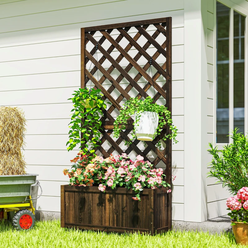 Outsunny Wooden Raised Garden Bed Planting Planter Box with Trellis and Drain Holes for Climbing Vine Plants, Brown