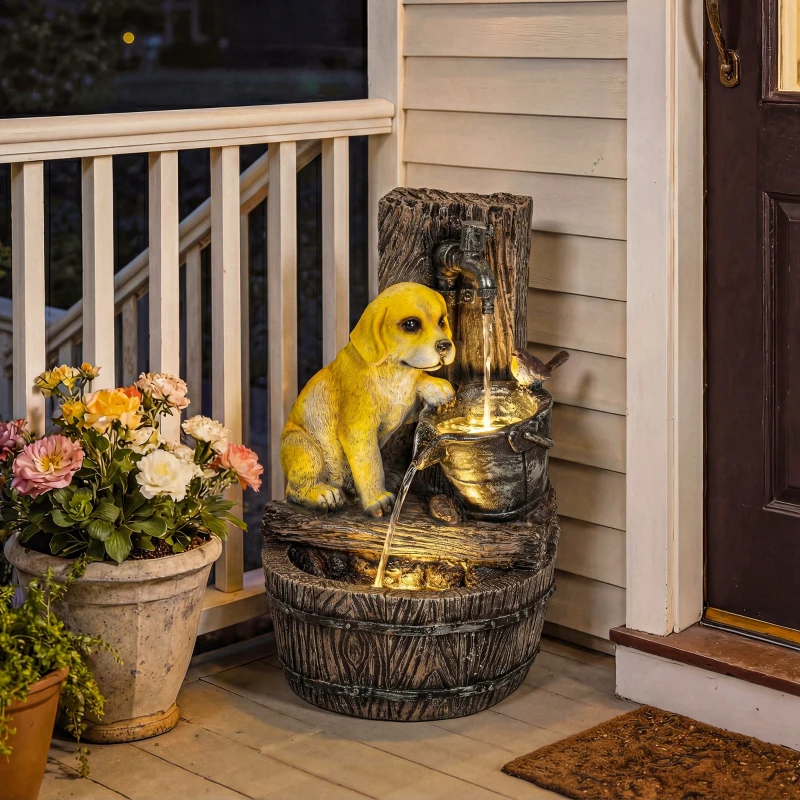 Outsunny 22" Outdoor Fountain with 3-Tier Puppy Theme, Resin Garden Fountain with LED Lights, Adjustable Flow, Rustic Brown