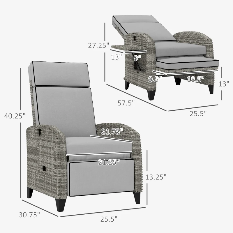 Outsunny Outdoor Recliner Chair with Cushions, Reclining Patio Lounge Chair with Adjustable Footrest, Armrests, Tray Table, Gray