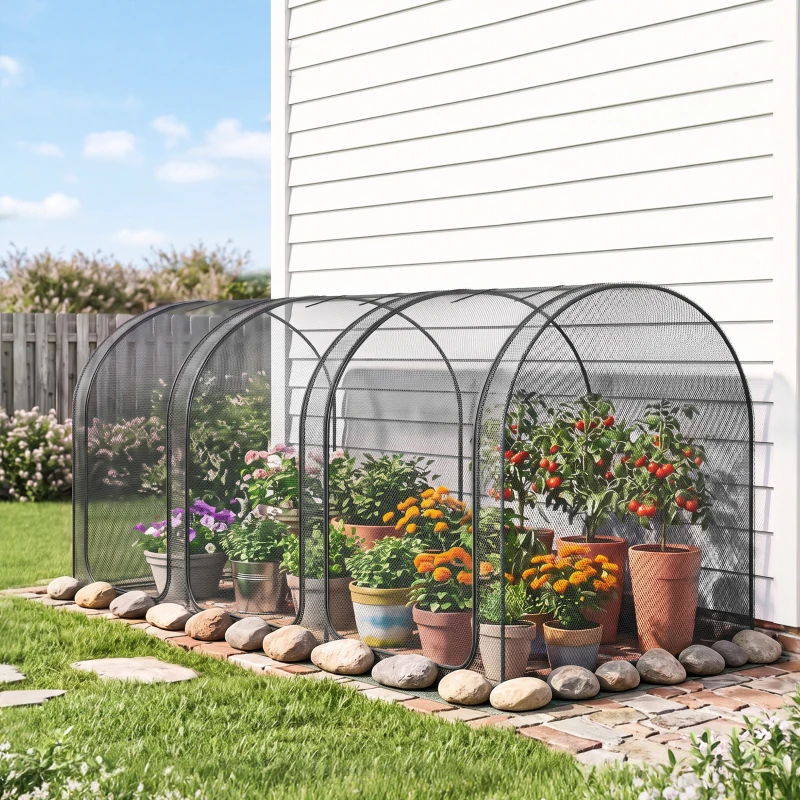 Outsunny 9' x 4' Crop Cage, Garden Plant Protector, with 3 Zippered Doors and 4 Ground Stakes, for Garden, Yard, Lawn, Black