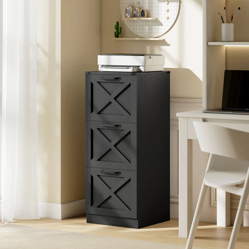HOMCOM 3 Drawer File Cabinet with Silent Slides, Vertical Farmhouse Filing Cabinet Fits Letter/A4 Size Home Office, Black