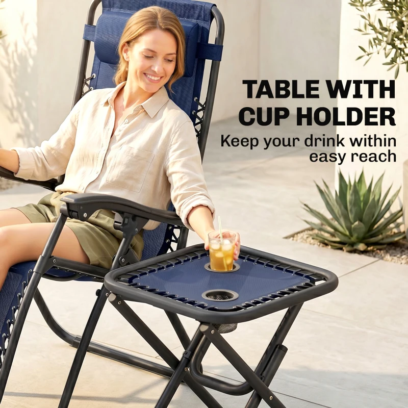 Outsunny Zero Gravity Chair Set of 2 Patio Chair with Side Table Cupholders and Pillows for Pool, Backyard, Lawn, Blue