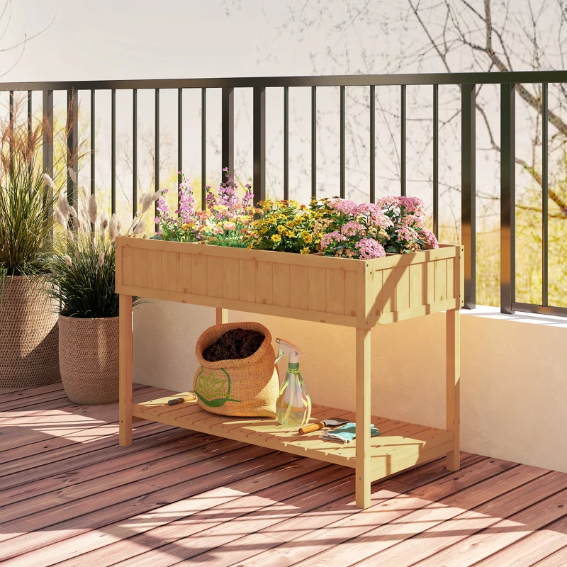 Outsunny 43x18x30in Raised Garden Bed with 8 Pockets and Shelf, Wooden Elevated Planter Box with Legs to Grow Herbs, Vegetables, and Flowers, Natural