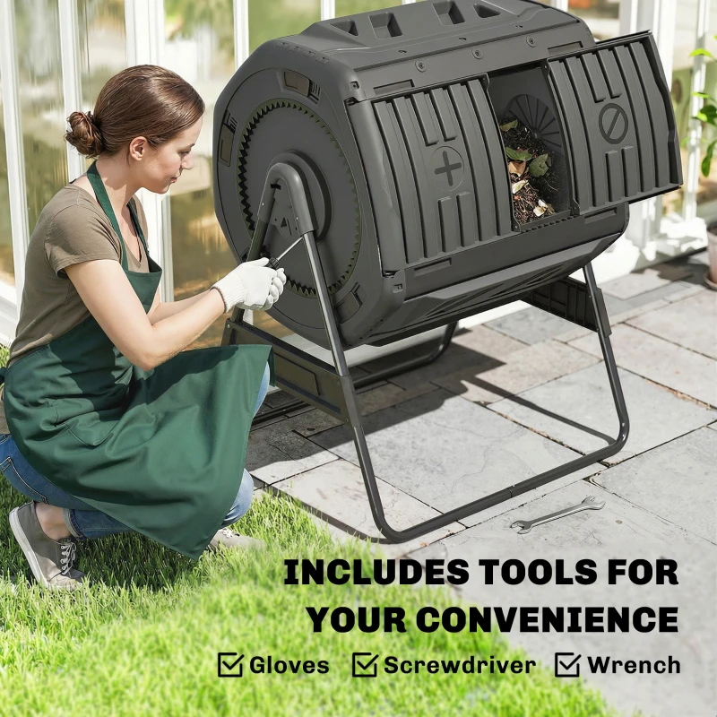 Outsunny Compost Bin Outdoor, 53 Gal Dual Chamber Tumbling Composter with Adjustable Vents, BPA Free Tumbling Composter, Black