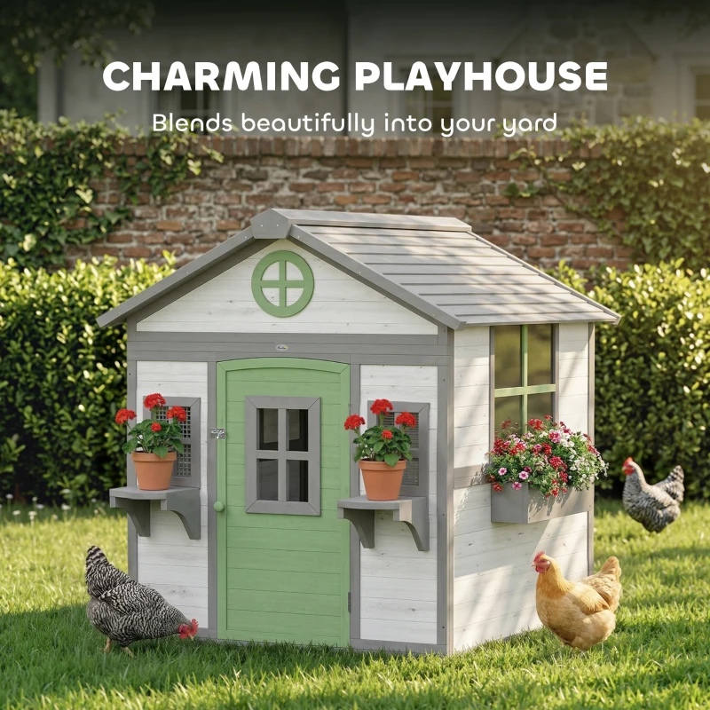 PawHut Chicken Coop, Wooden Hen House Outdoor Playhouse for 2-4 Chickens, Poultry Cage with Planter Pots and Boxes