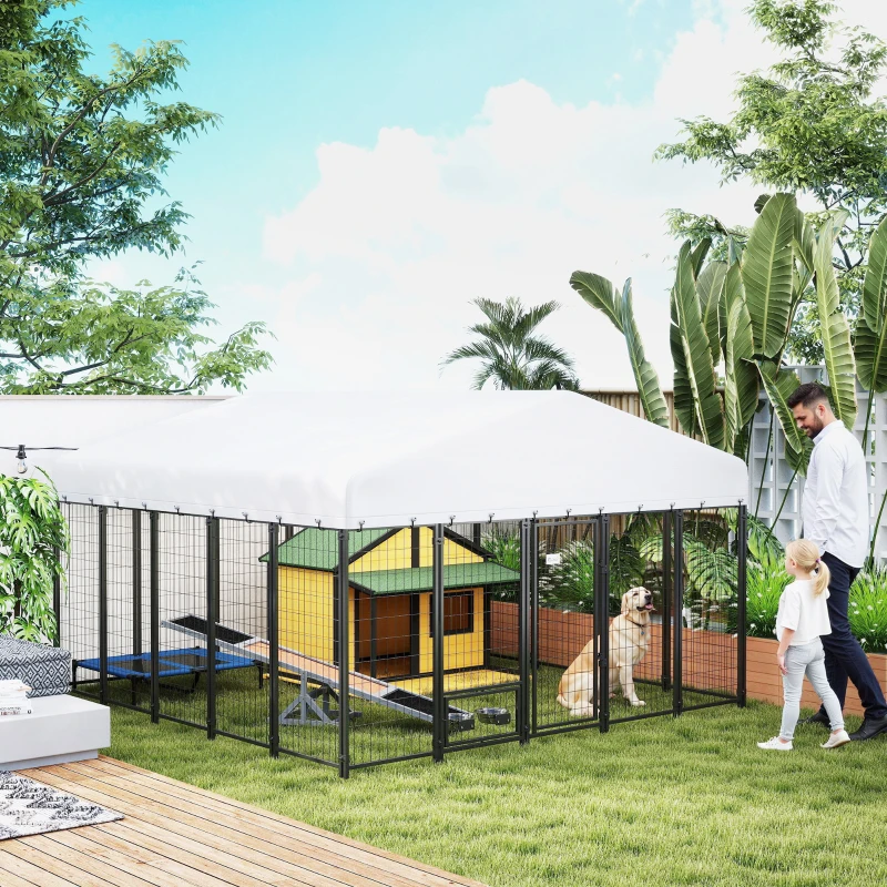 PawHut 9.8' x 9.8' x 6' Outdoor Dog Kennel, Dog Kennel Outside Run with 360° Rotating Bowls, Waterproof & UV Resistant Cover
