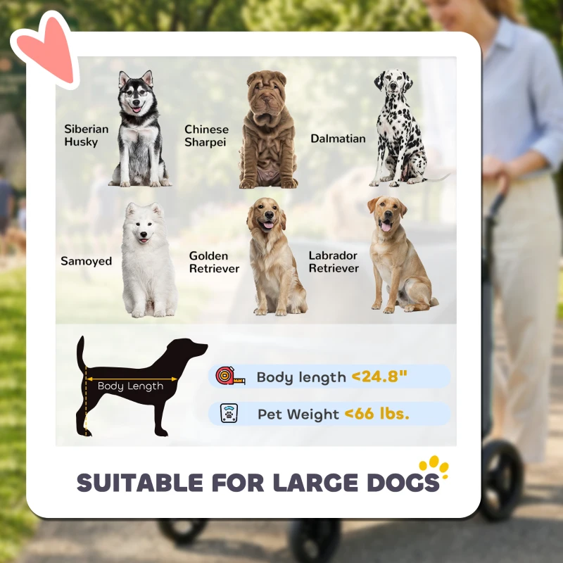 PawHut Dog Stroller for Large Dogs Up to 66 LBS with All-Terrain Spring Suspension, 8-Position Adjustable Handle, Gray