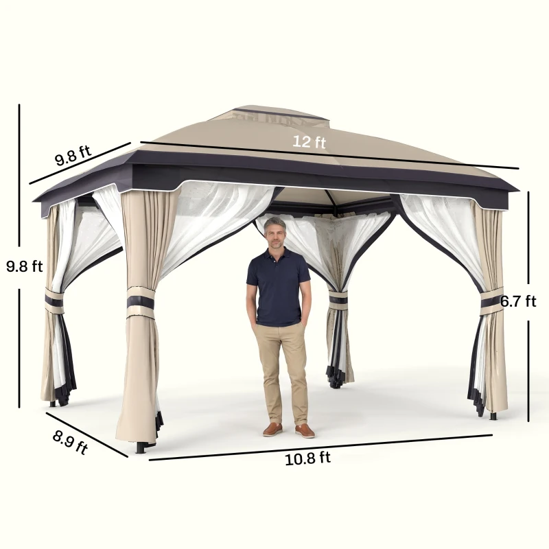 Outsunny 10' x 12' Outdoor Gazebo, Patio Gazebo Canopy Shelter w/Double Vented Roof, Zippered Mesh Sidewalls, Solid Steel Frame, Beige