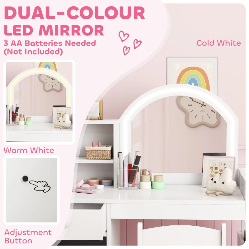 Qaba Kids Vanity Set, Toddler Dressing Table and Chair Set  with Lighted Mirror, Cabinet, Drawer and Shelves, White