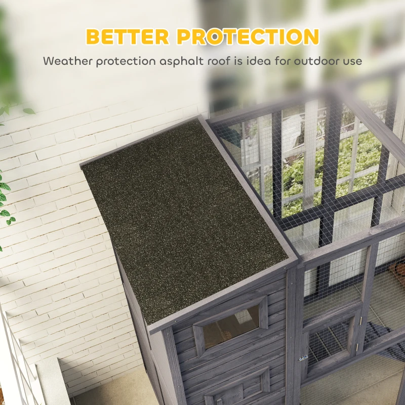 PawHut Wooden Outdoor Catio with Platforms, Asphalt Roof, Ramps, Gray
