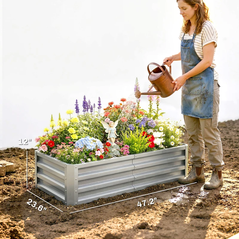 Outsunny Galvanized Raised Garden Bed, 4' x 2' x 1' Metal Planter Box, for Growing Vegetables, Flowers, Herbs, Succulents, Silver
