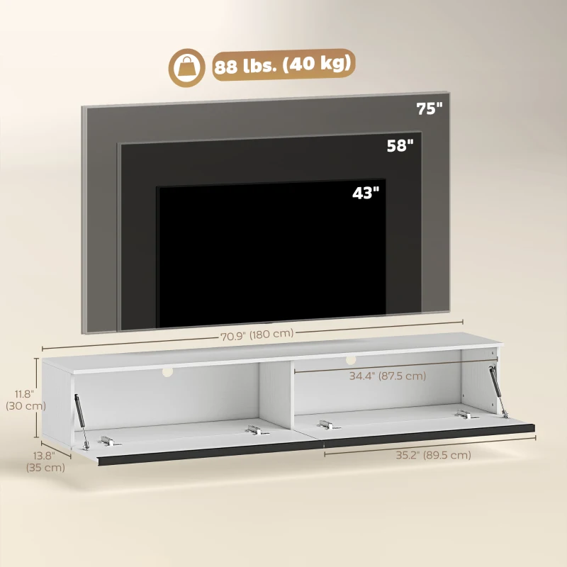 HOMCOM Wall Mounted TV Stand, Floating TV Cabinet with Storage, for TVs up to 70", High Gloss Effect, White