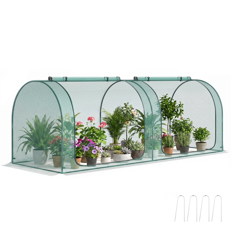 Outsunny 8' x 3' Crop Cage, Garden Plant Protector, with 3 Zippered Doors and 6 Ground Stakes, for Garden, Yard, Lawn Dark Green