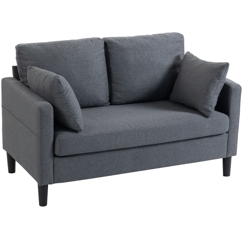 HOMCOM 55" Loveseat Sofa, Modern Linen Upholstered Couch with Spring Cushion, 2 Pillows, Dark Grey