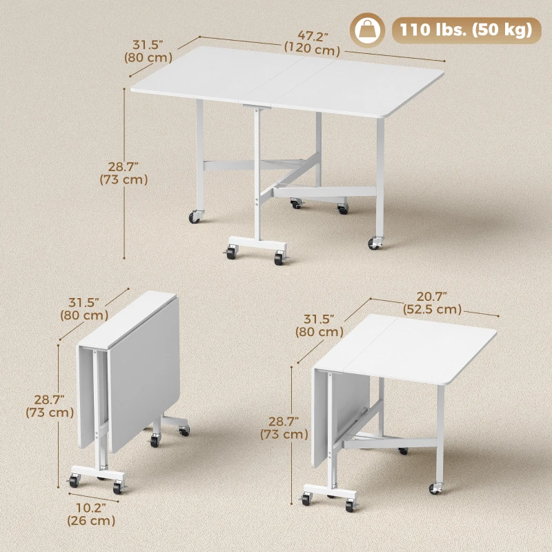 HOMCOM Six-Seater Drop-Leaf Dining Table with Wheels, White