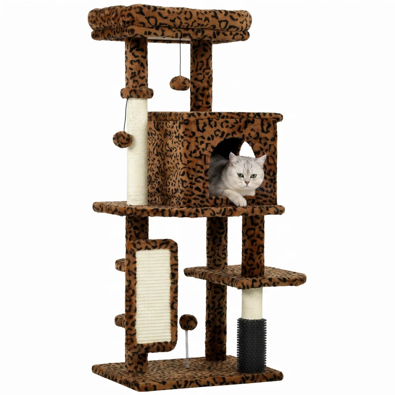 PawHut 41 Inch Cat Tree with Scratching Posts, Cat Bed, Condo, Jumping Platforms, Toy Balls, Leopard Print