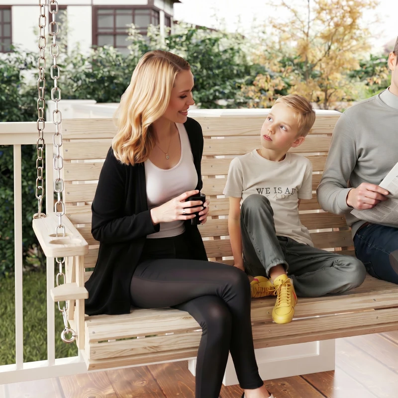 Outsunny 3-Seater Swing Bench, Wooden Porch Swing with Cupholders, Hanging Chains for Patio Garden, Nature Wood
