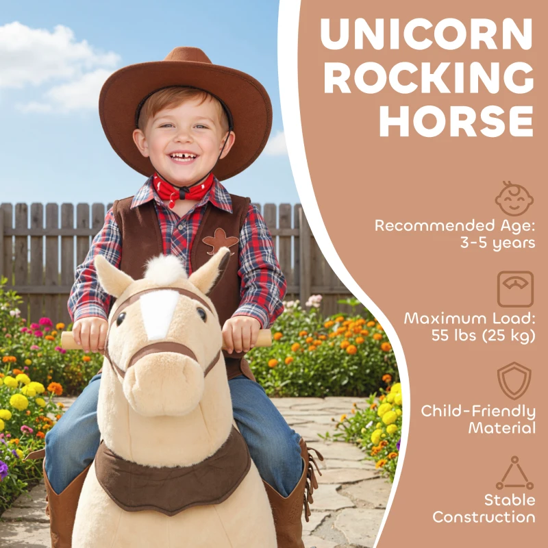 Qaba Ride on Horse, Plush Riding Pony for Ages 3-5, Walking Horse Animal with Wheels for Active Play, Brown