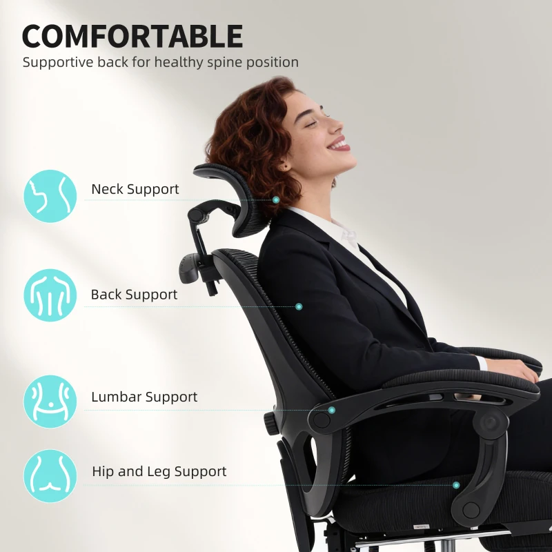 HOMCOM Office Chair, Ergonomic Mesh Computer Desk Chair with Adjustable Headrest, Lumbar Support, Black
