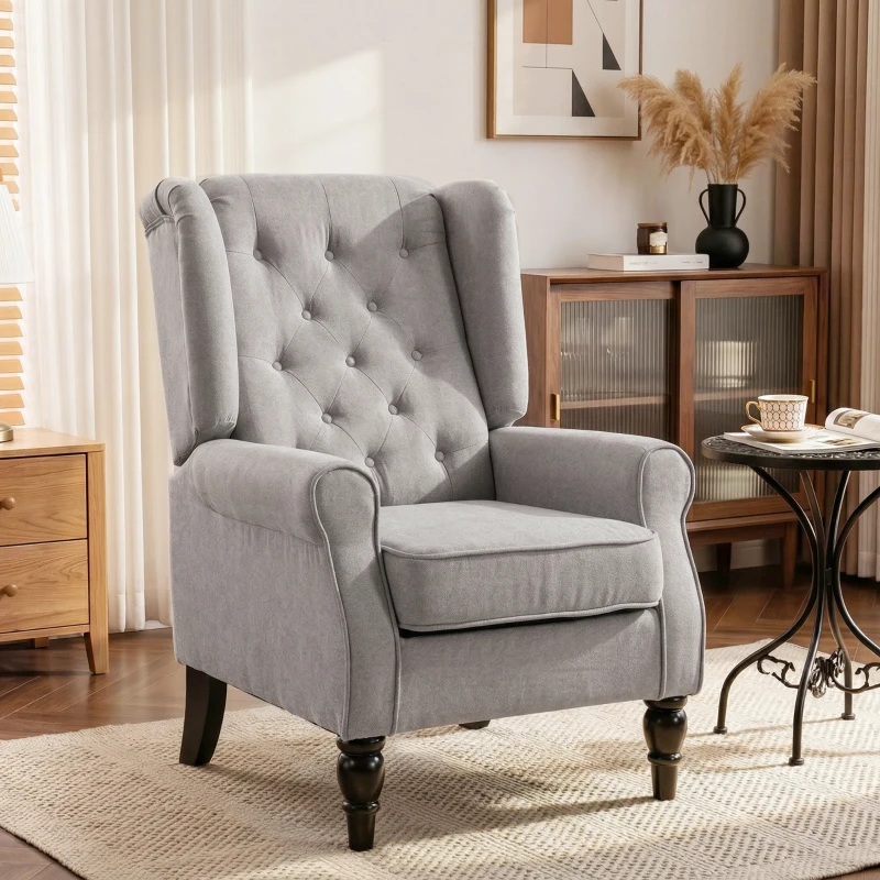 HOMCOM Mid-Century Modern Accent Chair, High Wingback Reading Chair, Button-Tufted Upholstered Fabric Armchair with Retro Wood Legs for Apartment, Living Room, Bedroom, Gray