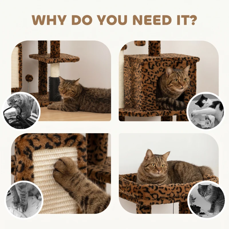 PawHut 41 Inch Cat Tree with Scratching Posts, Cat Bed, Condo, Jumping Platforms, Toy Balls, Leopard Print