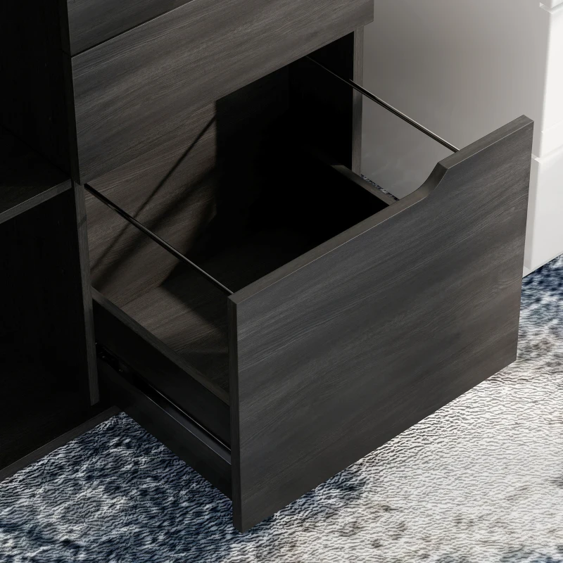 HOMCOM Filing Cabinet with Power Outlets File Cabinet Lockable Casters File Drawer Side Cubbies Black Wood Grain