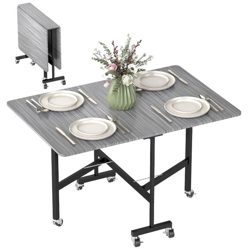 HOMCOM Six-Seater Drop-Leaf Dining Table with Wheels, Grey