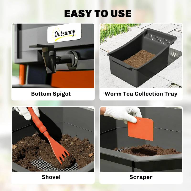 Outsunny 4-Tray Worm Composter Bin, 7.4 Gal Outdoor & Indoor Worm Composter for Recycling Food Waste, Orange