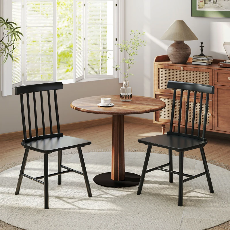 HOMCOM Dining Chairs Set of 2, Farmhouse Wood Kitchen Chairs with Rubber Wood Frame, Spindle Back for Dining Room, Black