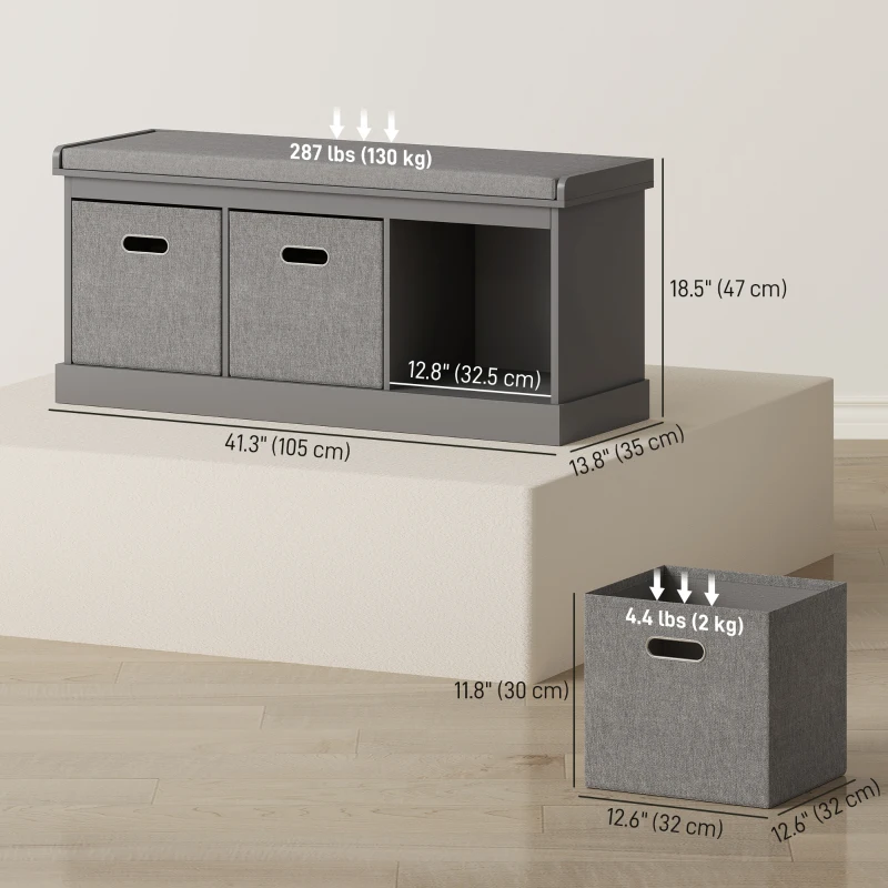 HOMCOM Shoe Storage Bench with Seat, Entryway Bench Seat with Cushion, 3 Fabric Drawers for Hallway, Grey
