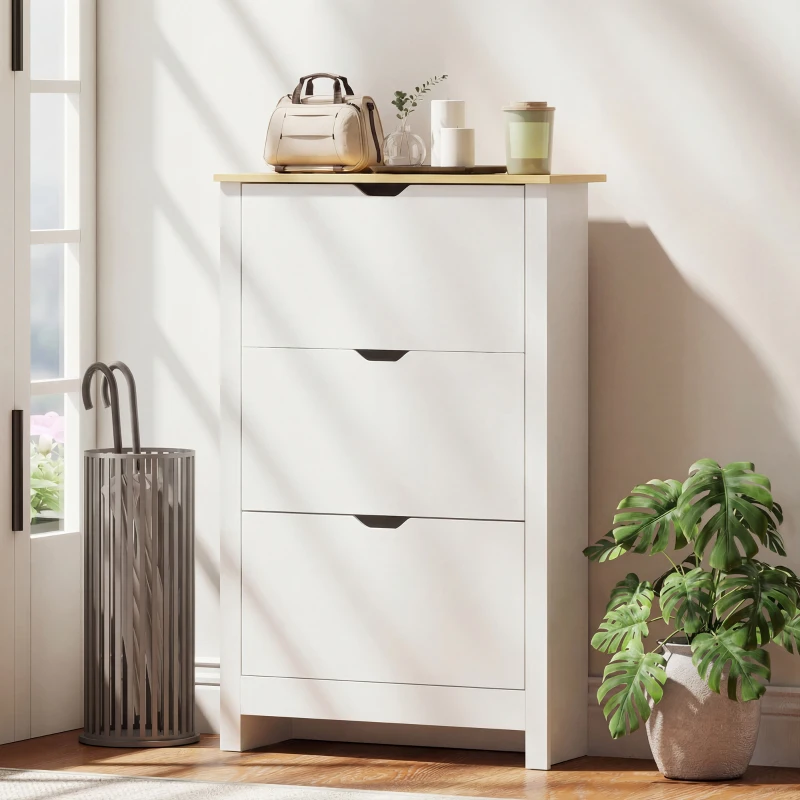 HOMCOM Shoe Storage Cabinet with 3 Flip Drawers and Adjustable Shelves for 12-18 Pairs of Shoes, White