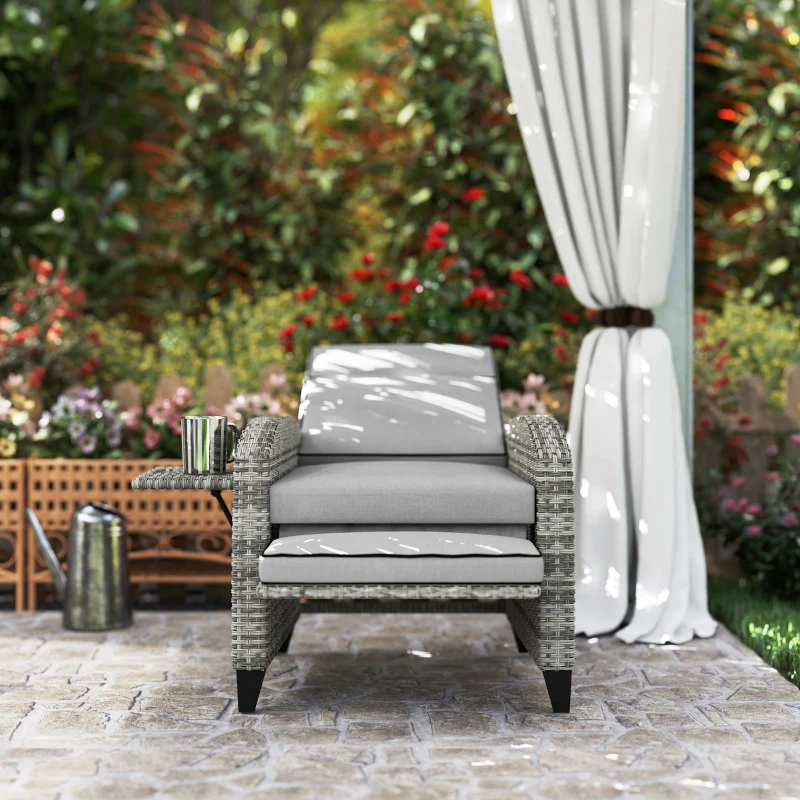 Outsunny Outdoor Recliner Chair with Cushions, Reclining Patio Lounge Chair with Adjustable Footrest, Armrests, Tray Table, Gray