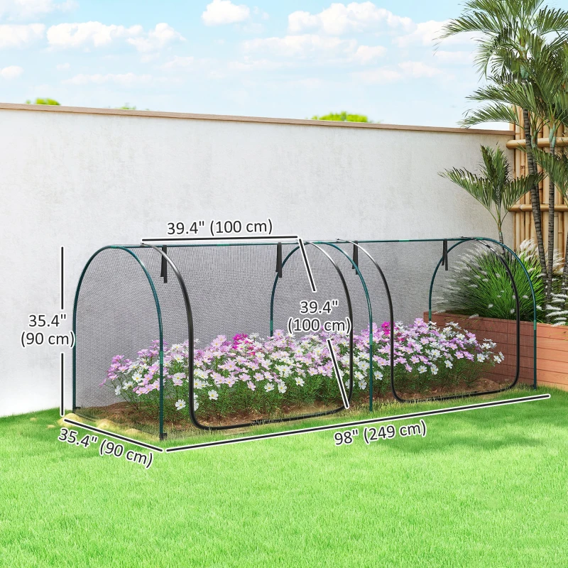 Outsunny 8' x 3' Crop Cage, Garden Plant Protector, with 3 Zippered Doors and 6 Ground Stakes, for Garden, Yard, Lawn, Black