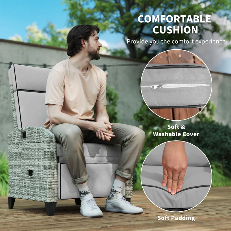 Outsunny Outdoor Recliner Chair with Cushions, Reclining Patio Lounge Chair with Adjustable Footrest, Armrests, Tray Table, Gray